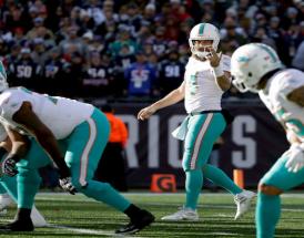 Il quarterback dei Miami Dolphins Ryan Fitzpatrick, sulla linea di scrimmage nella sfida contro i New England Patriots.