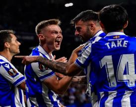 L'esultanza dei calciatori della Real Sociedad